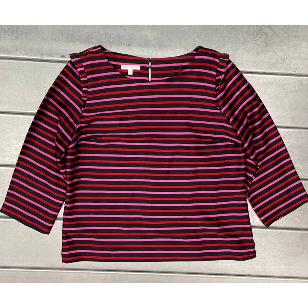 RSVP By Talbots Womens 12 Black Red And Pink Striped Satin 3/4 Sleeve Blouse